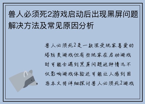兽人必须死2游戏启动后出现黑屏问题解决方法及常见原因分析